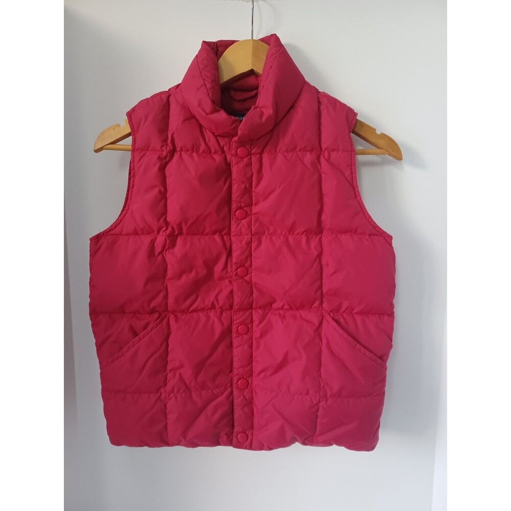 Lands End Womens Medium Down Filled Puffer Vest Button Up Magenta Pink Mock Neck